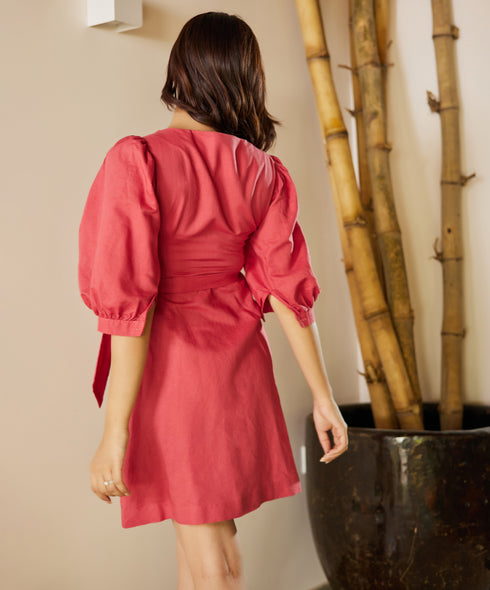 Belt Detailed Puffed Sleeve Linen Dress